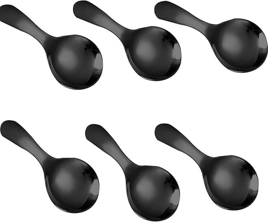 6 Pcs Stainless Steel Mini Spoon Short Handle Small Round Suitable For Dessert, Tea, Coffee, Cake, Sugar, Ice Cream Coffee Tea Spoon. (Black A)