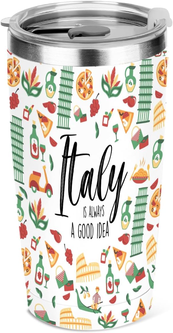 jeilink Italian Gifts, 20 oz Insulated Tumbler, Tumbler with Lid, Vacuum Travel Coffee Mug Stainless Steel Cup for Cold Hot Drink Gift for Women Men Christmas Birthday Camping Italy Travel Essentials