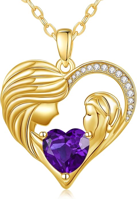 Mother and Daughter/Son Love Heart Necklace White Gold/14K Gold/Rose Gold Birthstone Jewelry Christmas Mothers Day Birthday Gifts For Mom Wife Grandma Women