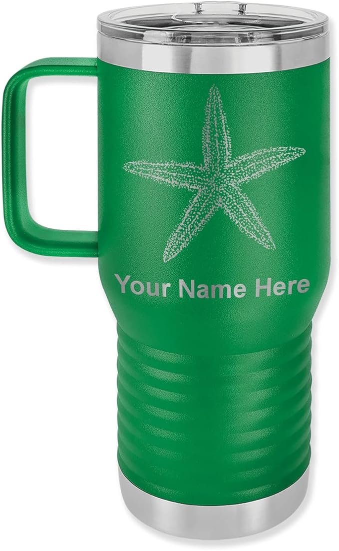 LaserGram 20oz Vacuum Insulated Travel Mug with Handle, Starfish, Personalized Engraving Included (Green)