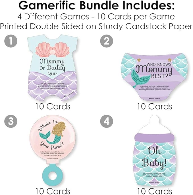 Big Dot of Happiness Let’s Be Mermaids - 4 Baby Shower Games - 10 Cards Each - Who Knows Mommy Best, Mommy or Daddy Quiz, What’s in Your Purse and Oh Baby - Gamerific Bundle