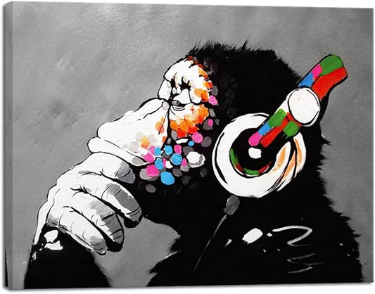 Wieco Art Monkey With Headphones Banksy DJ Chimp Pop Art Cool Ape Abstract Canvas Prints Wall Art Paintings for Living Room Bedroom Home Decorations Stretched Artwork for Office Decor