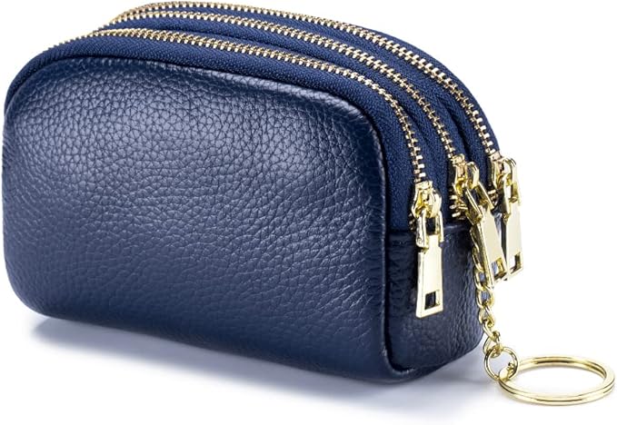LINNO 3 Zippered Genuine Leather Coin Purse Triple Capacity Change Pouch Little Travel Wallet With Key Ring for Women
