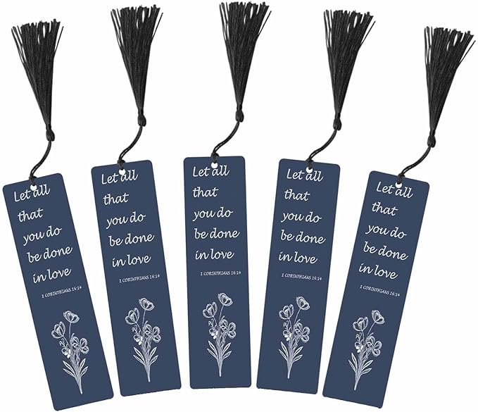 Flower Love 5 Pcs Bookmarks Bible Verses Dark Blue Wooden Bookmarks with Tassel for Students Reader Teachers Book Lovers