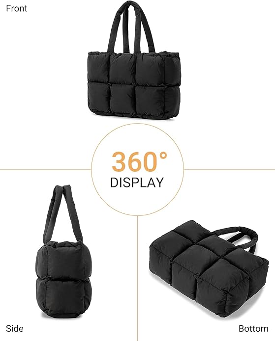 Herald Puffer Tote Bag for Women, Large Quilted Puffy Handbag Lightweight Satchel Purse with Cup Holder & Compartment