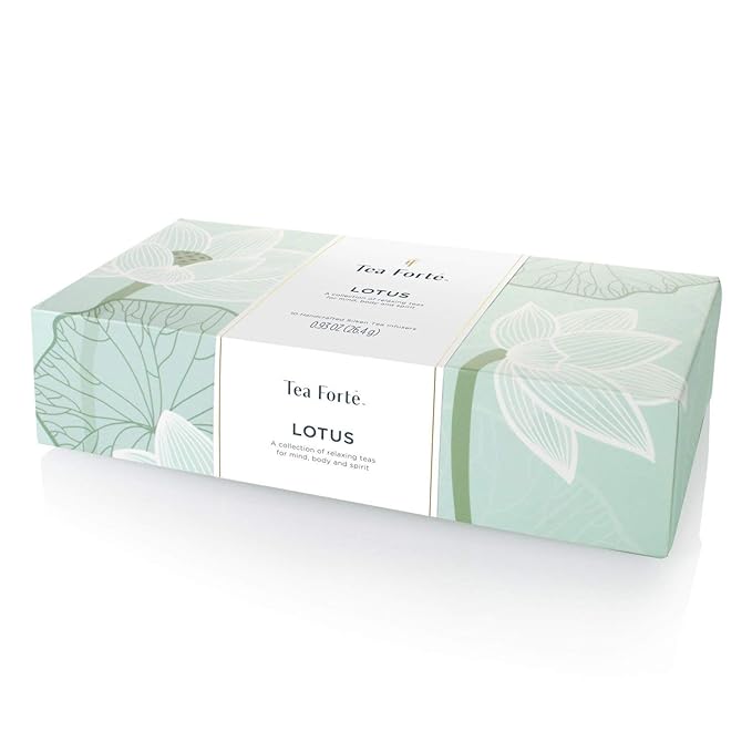 Tea Forte Premium Petite Presentation Box Gift Set Sampler, 10 Count, 2 of Each Blend Individually Wrapped Handcrafted Pyramid Infuser Bags, Lotus Tea