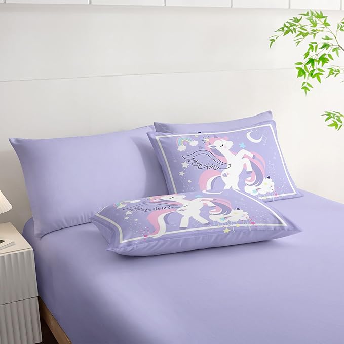 7Pcs Comforter Set Cartoon Purple Unicorn Printed Bedding Set with 1 Comforter,1 Flat Sheet,1 Fitted Sheet and 4 Pillowcases for Boys and Girls Bedroom All Season(Twin)