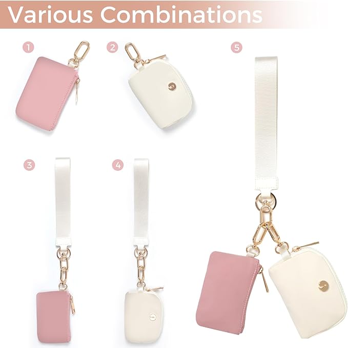 Dual Pouch Wristlet Keychain Wallets for Women with 2 Detachable Zipper Coin Purse - Small and Portable Mini Card Wallet for Women Men Gold Hardware Pink+Ivory