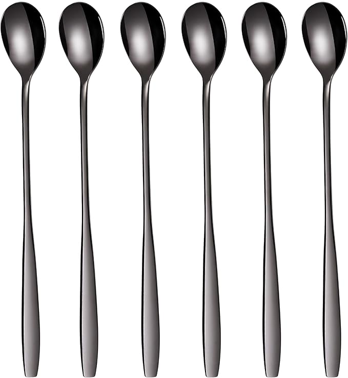 GRÄWE Long Handle Iced Tea Spoon, Coffee Spoon, Ice Cream Spoon, Spoons for desserts, Stainless Steel, Cocktail Stirring Spoons, Set of 6, Dishwasher Safe, Black
