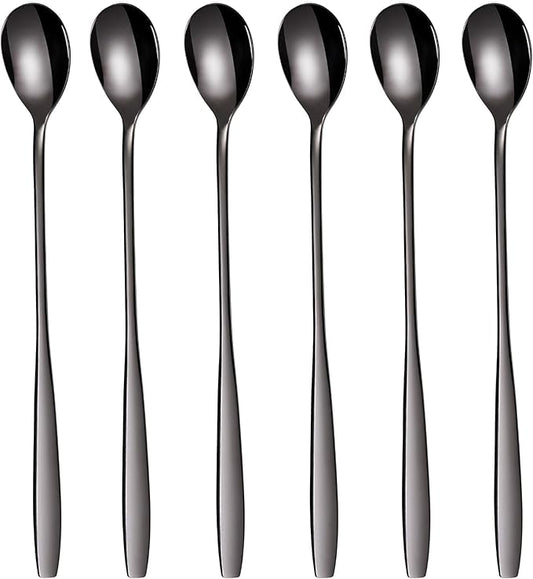 GRÄWE Long Handle Iced Tea Spoon, Coffee Spoon, Ice Cream Spoon, Spoons for desserts, Stainless Steel, Cocktail Stirring Spoons, Set of 6, Dishwasher Safe, Black