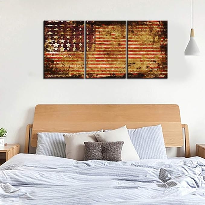 American Flag Wall Decor Patriotic Pictures Grunge Stars Stripe Paintings 3 Piece Canvas Wall Art for Living Room Contemporary Artwork Home Decor Framed Ready to Hang Posters and Prints(60''Wx28''H)