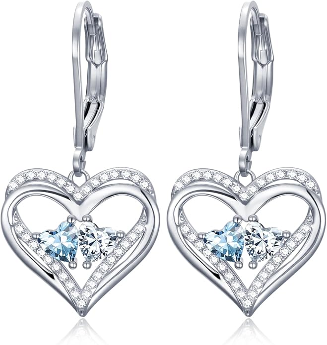 Heart Leverback Earrings Double Birthstone Dangle Earrings for Women, Love Jewelry for Her, Christmas Gifts for Women, Anniversary Birthday Gift for Mom Wife Girlfriend