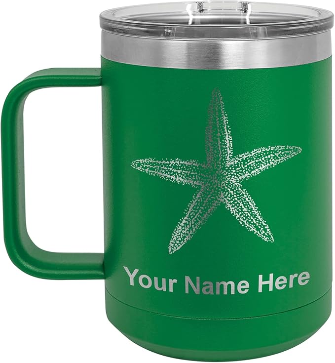LaserGram 15oz Vacuum Insulated Coffee Mug, Starfish, Personalized Engraving Included (Green)