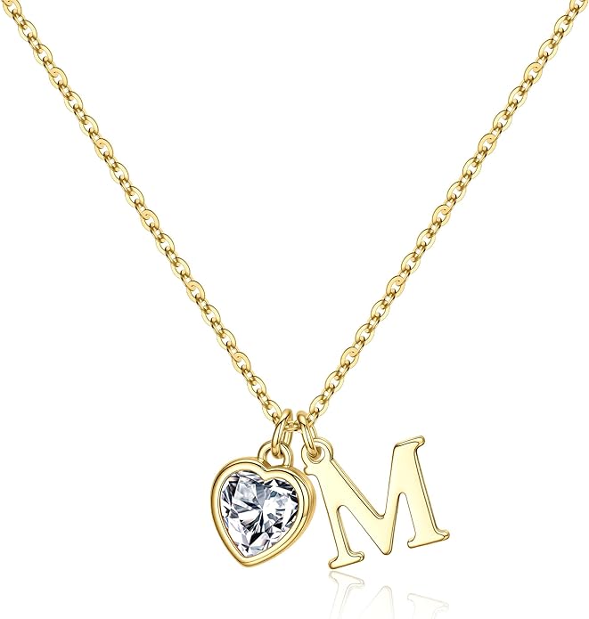 Turandoss Valentines Day Gifts for Her Trendy, Dainty 14K Gold Plated Initial A-Z Heart Birthstone Pendant Necklace Personalized Bridesmaid Birthday Valentines Jewelry Gifts for Women Girls