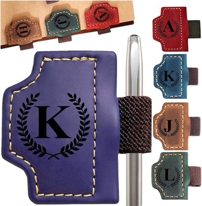 Custom Bookmark with Pen Holder with 26 Letters Personalized Magnetic Leather Book Mark, Customized Name Book Marker Clip with Initial for Men Women, Gifts for Book Lovers, Readers, (Purple, K)