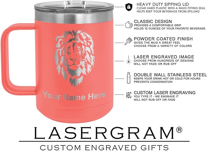 LaserGram 15oz Vacuum Insulated Coffee Mug, Widow Spider, Personalized Engraving Included (Coral)