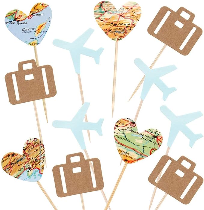 Morndew 24 PCS Travel Cupcake Toppers Blue Airplane Map Heart Traveling Case Cake Topper Picks for World Awaits Travel Themed Baby Shower Birthday Party Wedding Party Decorations