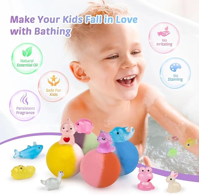 Bath Bombs for Kids with Toy Inside, 36 Pcs Bath Bombs with Glow in The Dark Dinosaur, Animal and Ocean Surprise Inside, Handmade Organic Bubble Bath Ball Gift Set for Birthday, Easter, Christmas