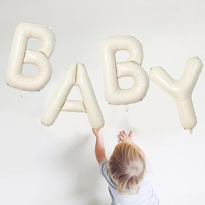 40 Inch Beige BABY Balloon for Baby Shower, Large Cream White Baby Foil Balloons Letters with Ribbon, Neutral Ivory Alphabet Baby Mylar Balloon Banner Sign for Gender Reveal Backdrop Party Decorations