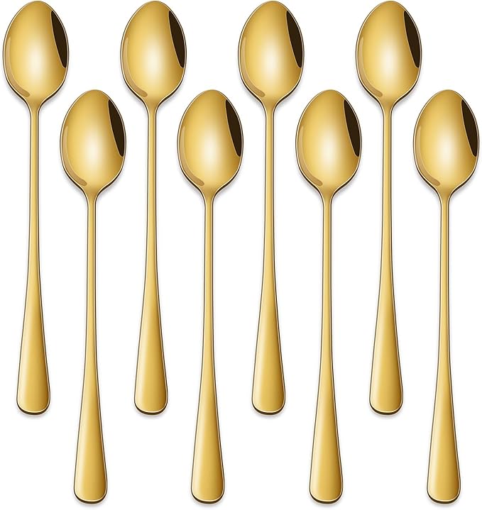 7.5 Inch Gold Iced Tea Spoons,Set Of 8 Stainless Steel Long Coffee Spoons,Long Handle Stirring Spoon For Dessert,Coctails,Ice Cream,Milk,Iced Teaspoons For Bar