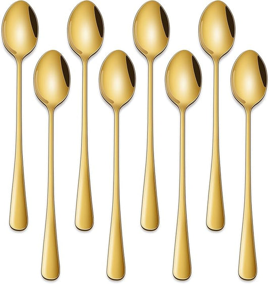 7.5 Inch Gold Iced Tea Spoons,Set Of 8 Stainless Steel Long Coffee Spoons,Long Handle Stirring Spoon For Dessert,Coctails,Ice Cream,Milk,Iced Teaspoons For Bar