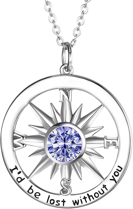 S925 Necklace Birthstone Compass Gift for Women Jewelry Sterling Silver Necklace for Wife Wedding Anniversary Girlfriend Birthday Gifts for Her Valentines Day Mom Mothers Day