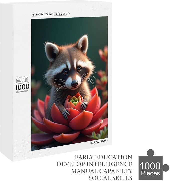 Puzzles for Adults 1000 Pieces Wooden Jigsaw Puzzle - Succulent & Cute Raccoon Theme Puzzle，Party Games，Family Toys，Educational Puzzles，Stress Relief Wooden Puzzle，Gifts for Family and Friends