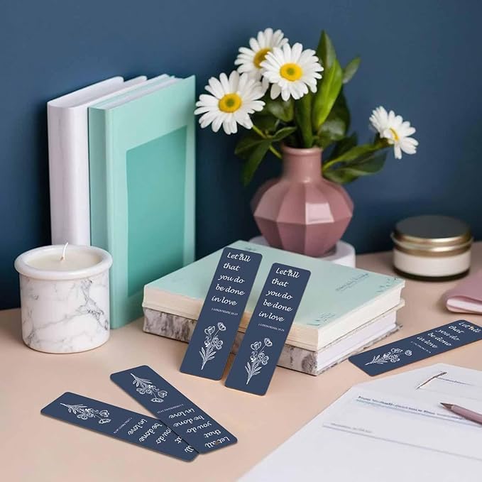 Flower Love 5 Pcs Bookmarks Bible Verses Dark Blue Wooden Bookmarks with Tassel for Students Reader Teachers Book Lovers