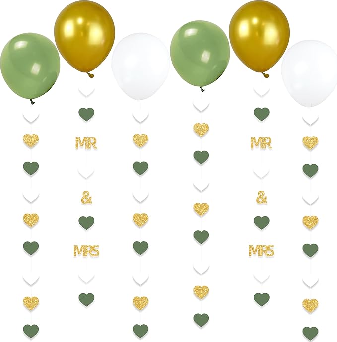 Sage Green Wedding Party Decorations Gold/Green/White Heart Mr and Mrs Garland with Balloons for Bridal Shower Engagement Bachelorette Party