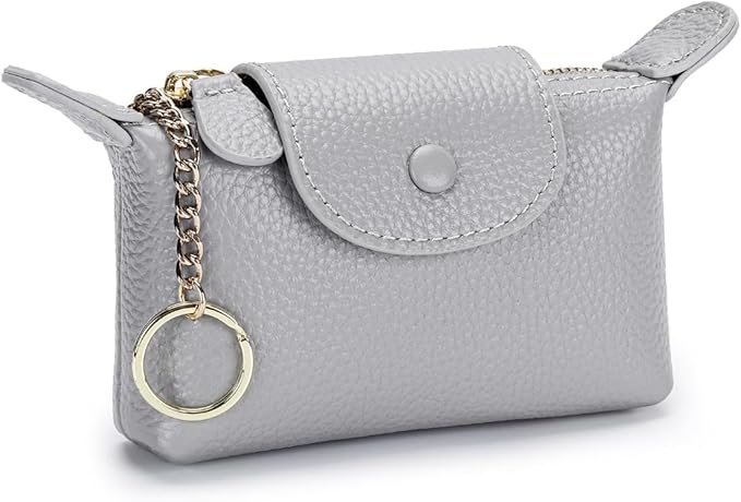 Genuine Leather Wallet Zipper Coin Purse Key Ring Card Organizer Compact Storage for Women (Grey)