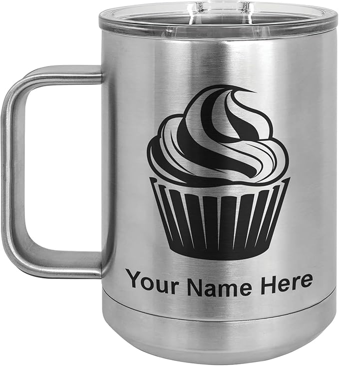 LaserGram 15oz Vacuum Insulated Coffee Mug, Cup Cake, Personalized Engraving Included (Stainless Steel)