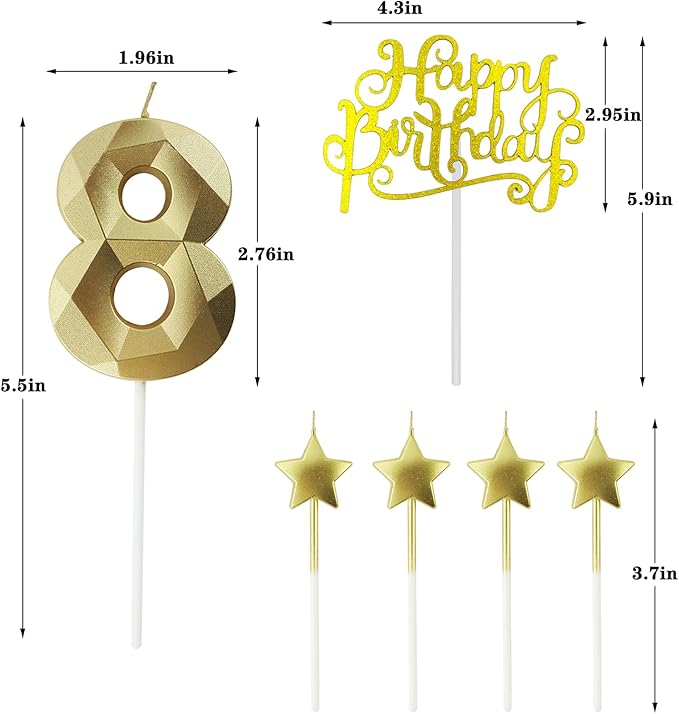 Golden Number 18 Birthday Candles and Star Birthday Candles, 2.76 inch, 3D Diamond Shaped, Suitable for Birthday Parties and Anniversary Cake Decorations