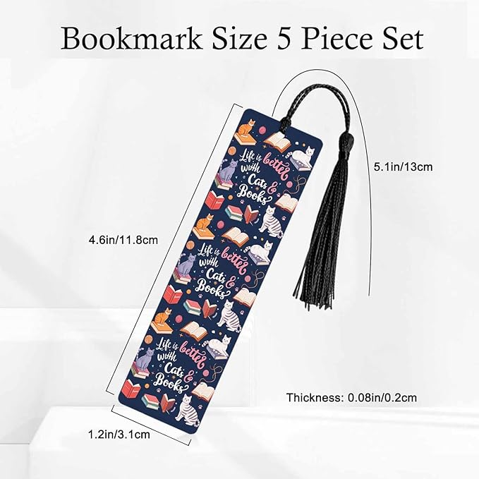 Cat Bookmarks 5 Pcs Cute Funny Animal Book Life Wooden Bookmark with Tassels for Reading Book Lovers Gift Office School Readers Teacher