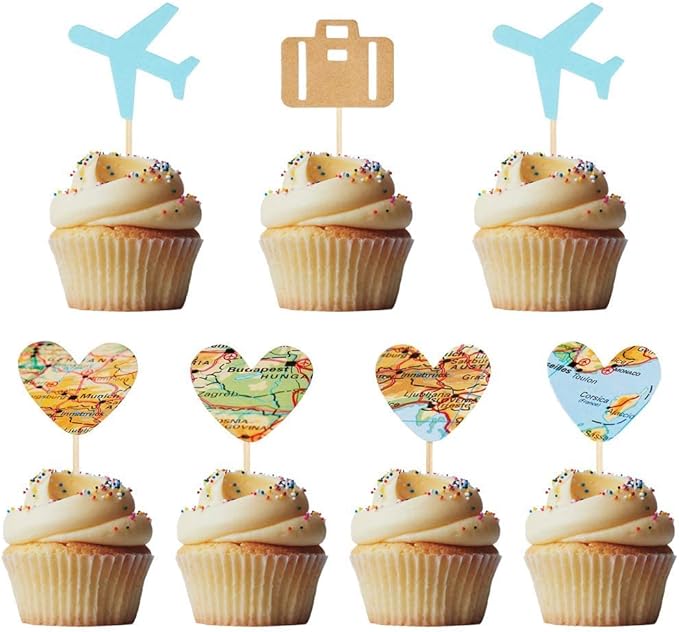 Morndew 24 PCS Travel Cupcake Toppers Blue Airplane Map Heart Traveling Case Cake Topper Picks for World Awaits Travel Themed Baby Shower Birthday Party Wedding Party Decorations