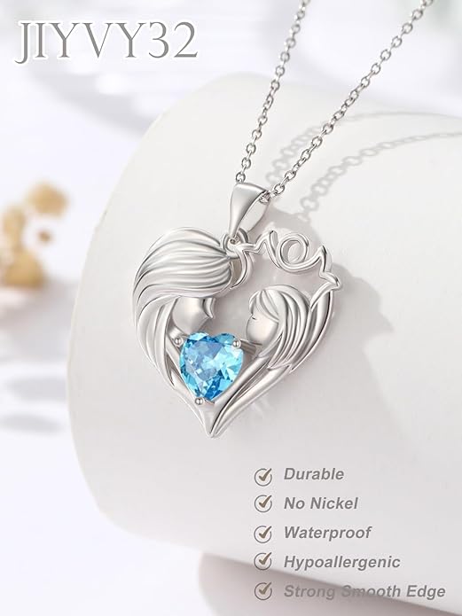 Mother and Daughter/Son Love Heart Necklace White Gold/14K Gold/Rose Gold Birthstone Jewelry Christmas Mothers Day Birthday Gifts For Mom Wife Grandma Women