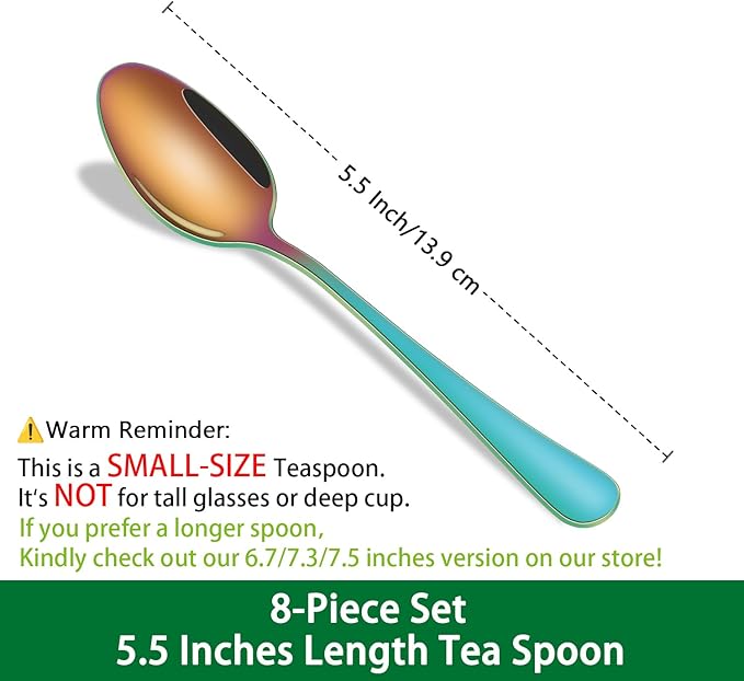 5.5 Inch Espresso & Tea Spoons,Set Of 8 Rainbow Stainless Steel Small Coffee Spoons,Multicolored Demitasse Spoon,Mini Seasoning Spoon