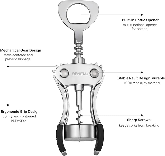 Beneno Wine Opener, Zinc Alloy Premium Wing Corkscrew with Multifunctional Bottles Opener, Sharp Wine Corkscrew with Ergonomic Non-Slip Wing Handle, Silver