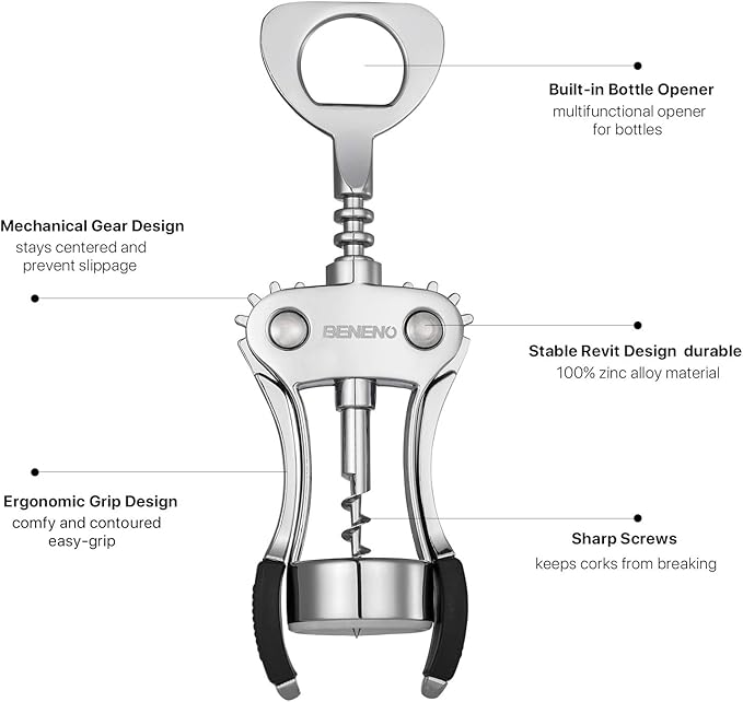 Beneno Wine Opener with Stainless Steel Wine Foil Cutter - Bottle Top Seal Cutter, Zinc Alloy Premium Wing Corkscrew with Multifunctional Bottles Opener, Ash silver