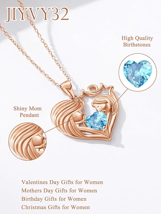 Mother and Daughter/Son Love Heart Necklace White Gold/14K Gold/Rose Gold Birthstone Jewelry Christmas Mothers Day Birthday Gifts For Mom Wife Grandma Women