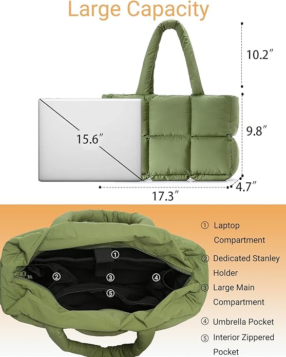 Herald Puffer Tote Bag for Women, Large Quilted Puffy Handbag Lightweight Satchel Purse with Cup Holder & Compartment