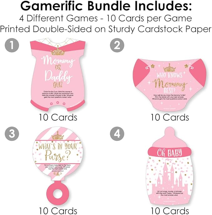 Big Dot of Happiness Little Princess Crown - 4 Pink and Gold Princess Baby Shower Games - 10 Cards Each - Who Knows Mommy Best, Mommy or Daddy Quiz, What’s in Your Purse and Oh Baby - Gamerific Bundle