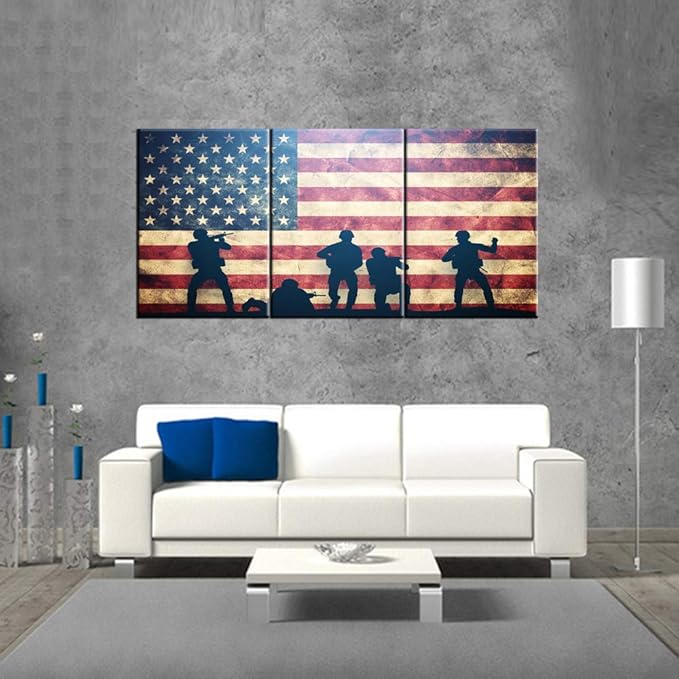 Native American Pictures Stars Stripes USA Flag Paintings Patriotic Soldier Artwork for Living Room 3 Pcs Prints Wall Art on Canvas Giclee Home Decorations Framed Stretched Ready to Hang(60''Wx 28''H)