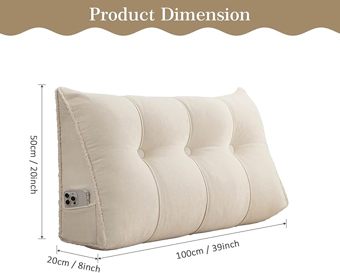 Headboard Pillow Twin, Chenille Triangular Wedge Pillow Headboard Twin Size, Reading Setting Backrest Daybed Pillows for Bed Sofa with Removable Coverr, Beige