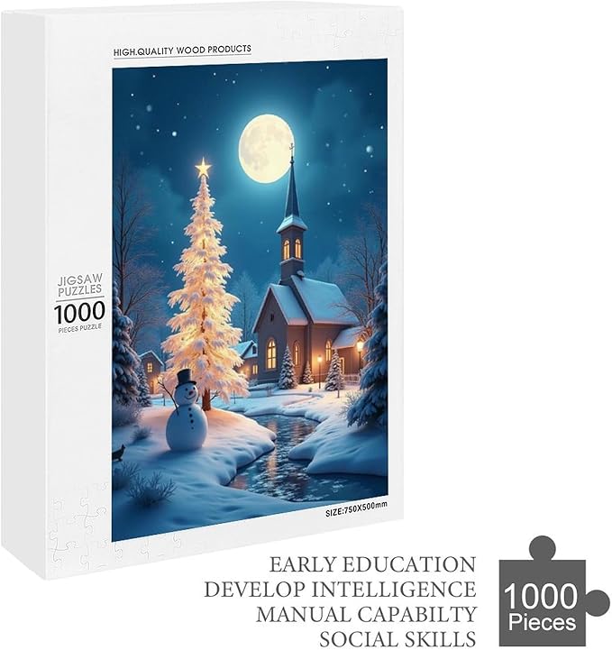 Wooden Puzzle - Church of The Nativity with Snow and Snowmen Jigsaw Puzzles，Wooden Puzzles for Adults 1000 Pieces Challenge Puzzles，Educational Games，Family Puzzles