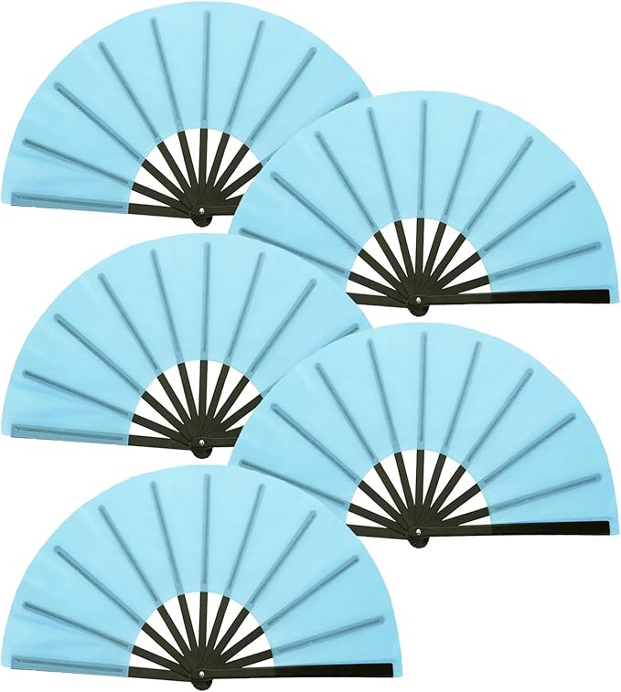 Huralona 5 Pack Large Folding Hand Clap Fan Fabric Rave Popping Fans Chinese Kung Fu Tai Chi Hand Fan Festival Dance Gift Performance Decorations (Lake Blue)