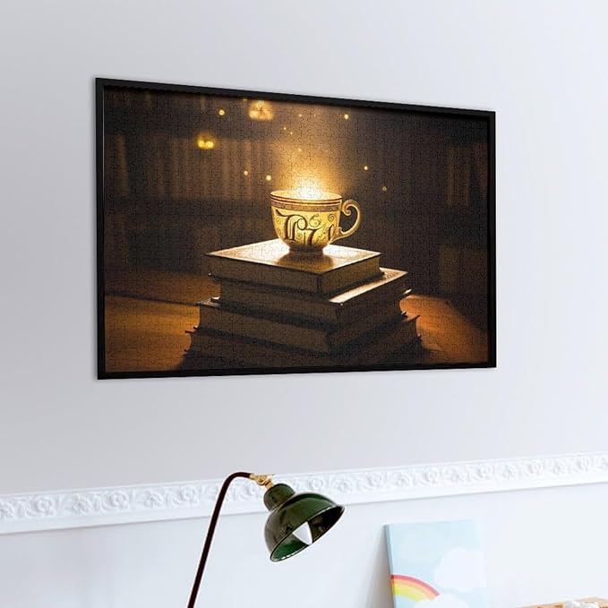 Wooden Puzzle - Hot Tea On A Book Rounded Corner Jigsaw Puzzles，Wooden Puzzles for Adults 1000 Pieces Challenge Puzzles，Educational Games，Family Puzzles，Unique Gifts for Wall Art