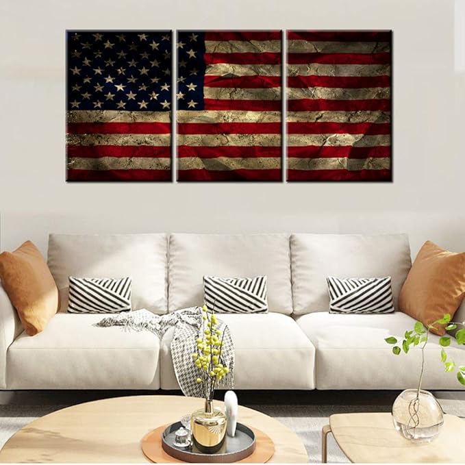 Native American Wall Decor Vintage USA Flag Grunge Paintings for Living Room Patriotic Concept Pictures 3 Panel Red Canvas Artwork Giclee Home Decoration Frame Stretched Ready to Hang (60''Wx28''H)