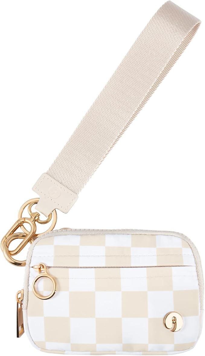 Wristlet Keychain Wallets for Women RFID Blocking Credit Card Holder Small Zipper Coin Purse Change Pouch with ID Window and Detachable Wrist Strap Beige Checkered
