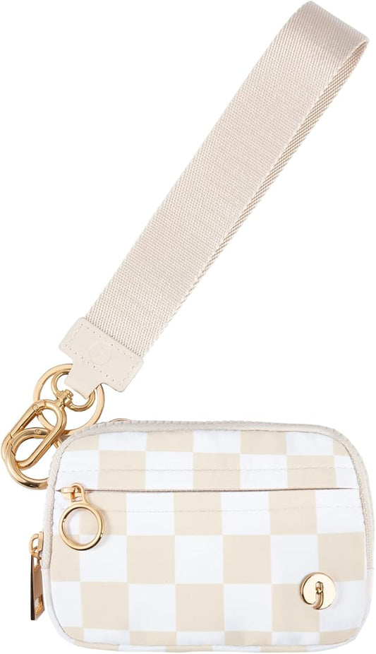 Wristlet Keychain Wallets for Women RFID Blocking Credit Card Holder Small Zipper Coin Purse Change Pouch with ID Window and Detachable Wrist Strap Beige Checkered