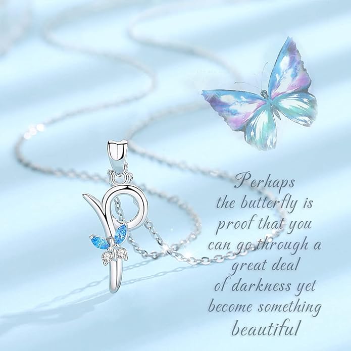 EUDORA Sterling Silver Butterfly Initial Necklaces for Women, Elegant Letter Neckles Personalized Gift for Mother, Sister, Daughter, 18 inch Chai